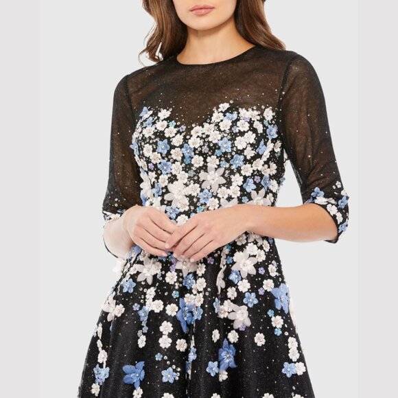 Mac Duggal 11161 Size 6 Black Blue Pink Floral Embroidered A-Line Cocktail Dress - Picture 4 of 5